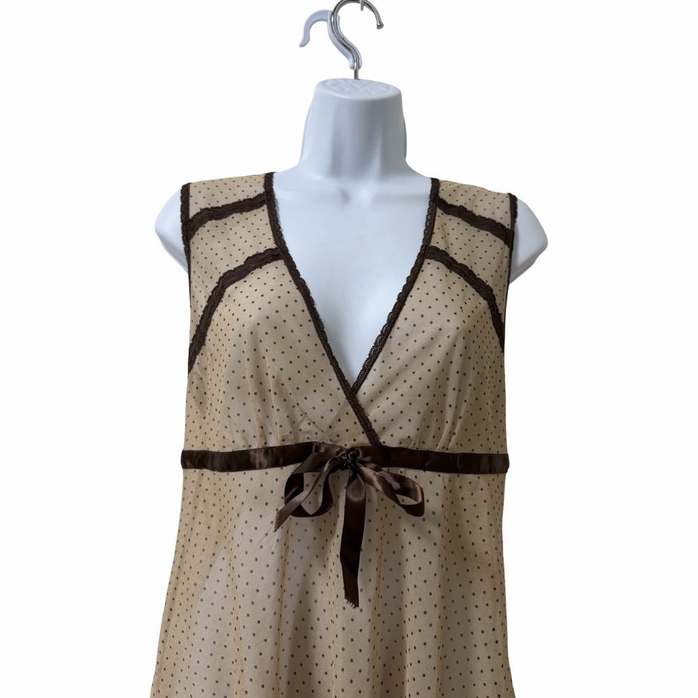 Womens Mesh Sheer Babydoll Lace Trim Tank Top Size L Beige Y2K Festival Fairy - Picture 2 of 7